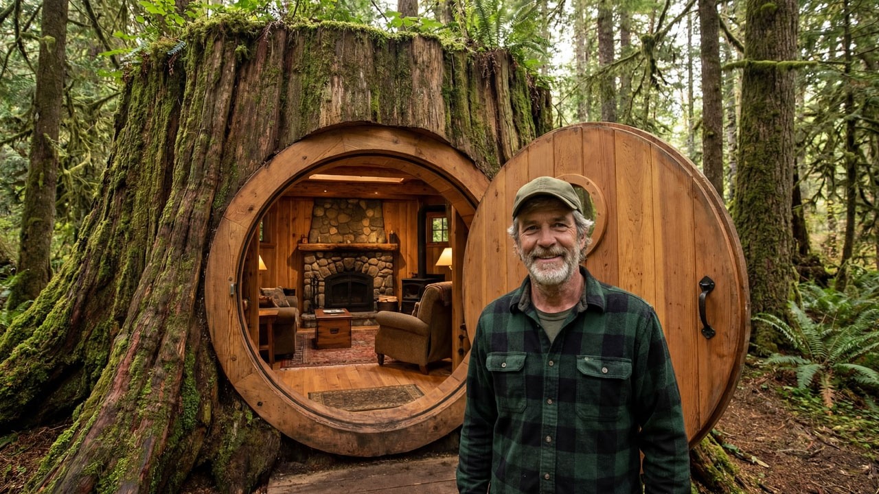 Building a Cozy Cabin Inside a Giant Hollow Tree Stump | 65 Days Solo