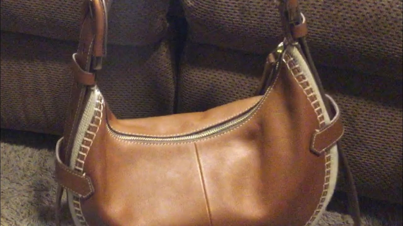 Review: Fossil Harwell Leather Stitch Canvas Detailing Hobo in color saddle