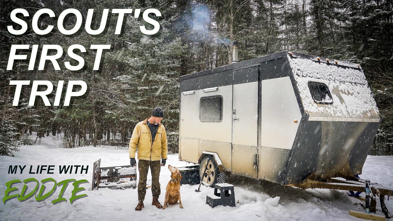ALONE with my DOG - WINTER CAMPING in a DIY Travel Trailer with a WOOD STOVE by a RIVER