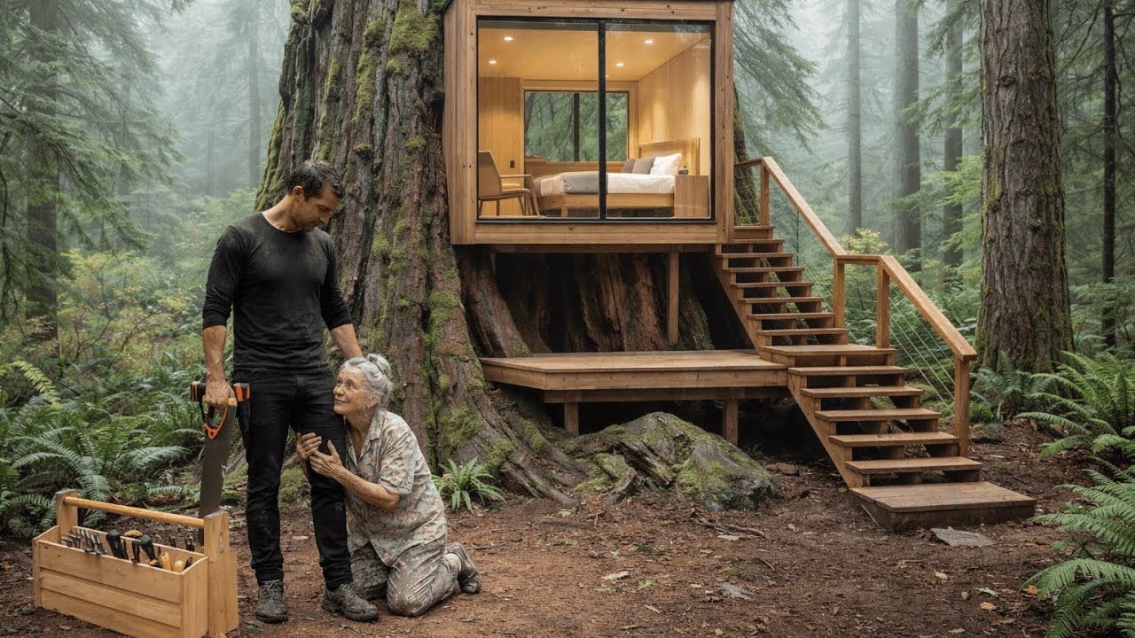 This old woman's house was destroyed by the wind, so this man built a modern tree house for her