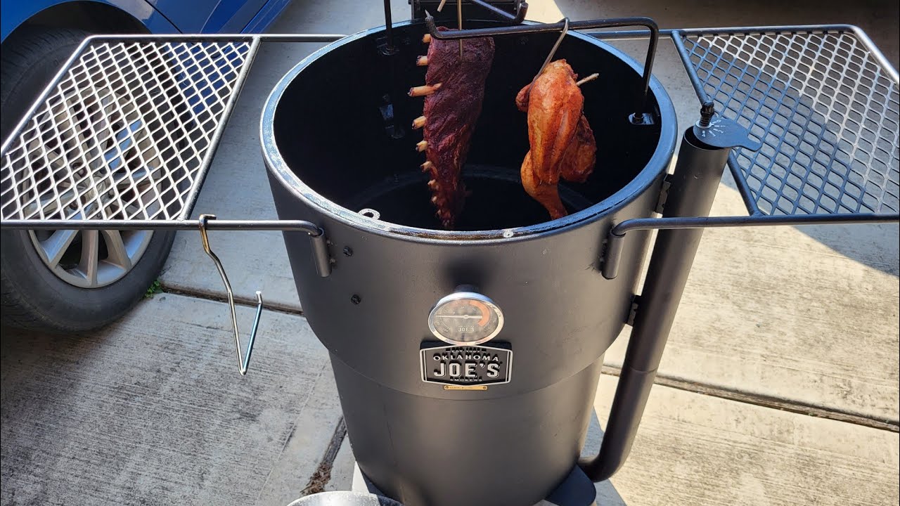 Hanging Spare Ribs & Chicken Halve On The Oklahoma Joe's Bronco