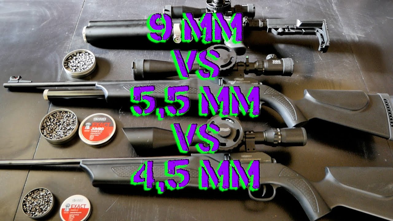 Luftgewehr Flugbahn und Energie / Vergleich zwischen 4,5mm, 5,5mm und 9mm