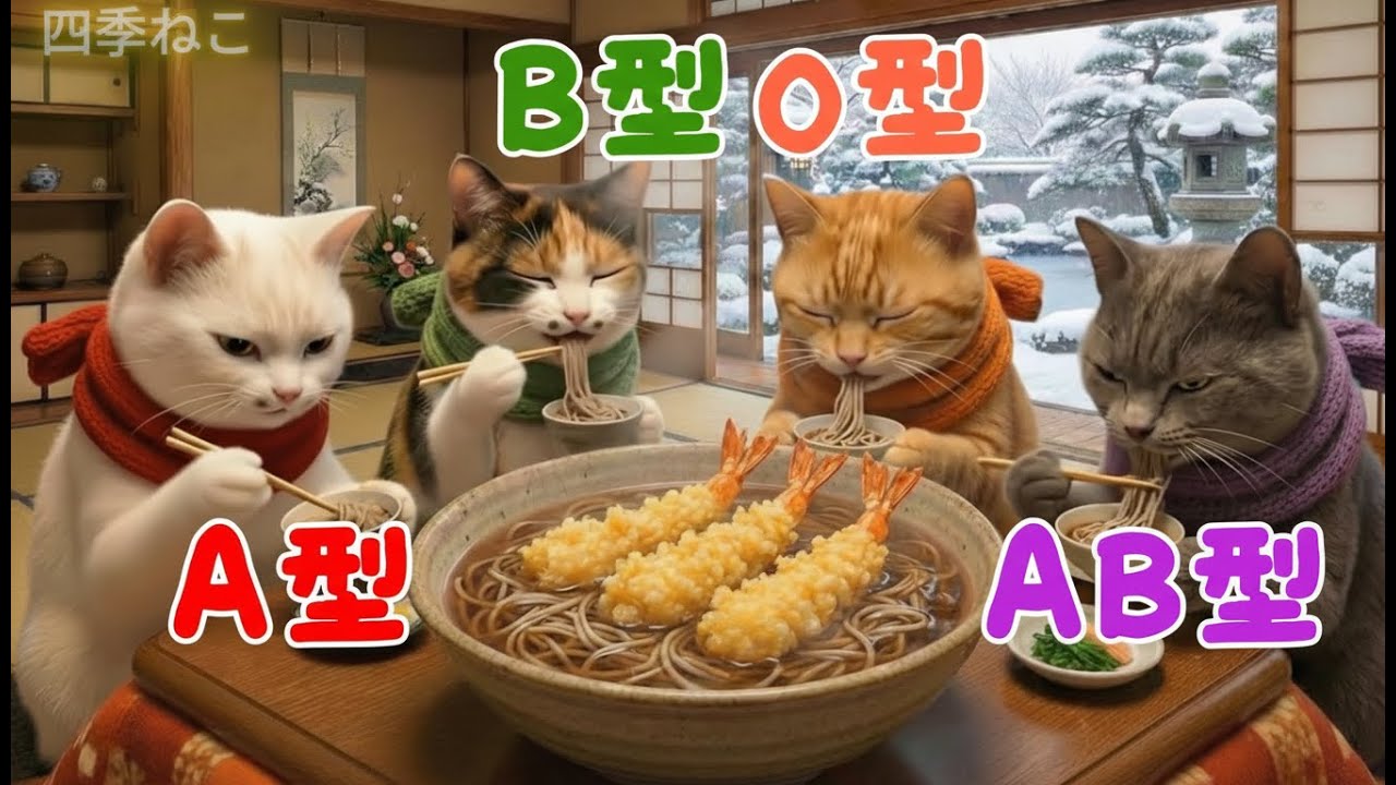 意外な違い？AI猫の本格エビ天そば修行🐱🍜血液型あるある】【四季ねこ】 職人技（？）に癒される冬のひととき