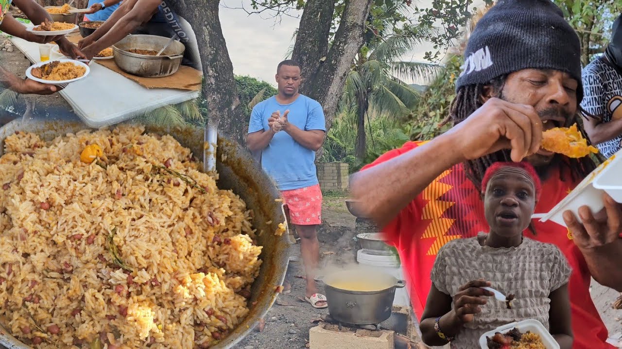 Pumpkin rice n peas | big seaside cookout | food for all | rasta want some of the pork