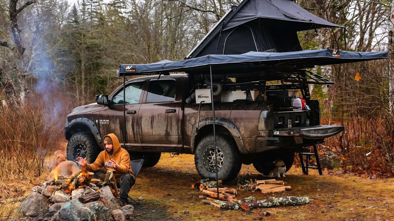 Camping in HEAVY RAIN with Truck Camper Next To a Lake
