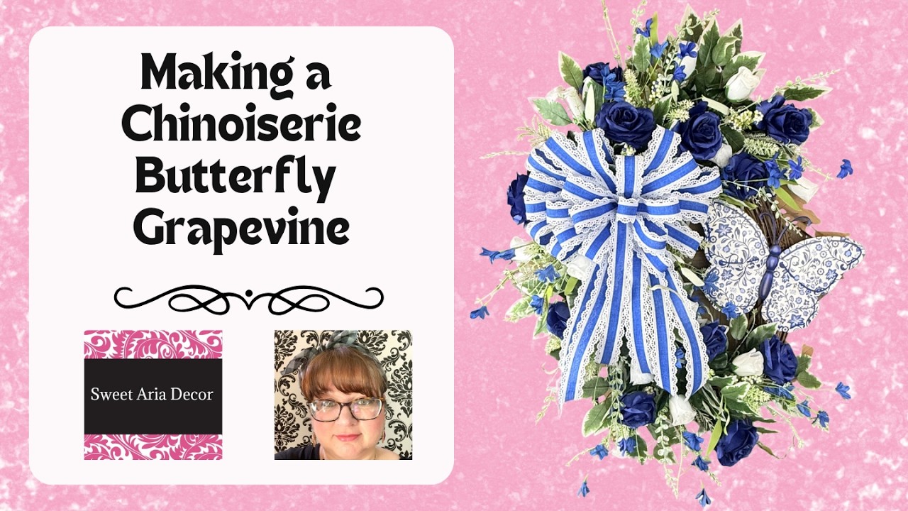 Making a Blue and White Chinoiserie Butterfly Grapevine Wreath - Kit by Sweet Aria Decor