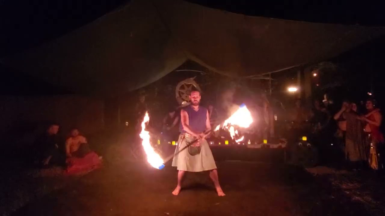 Fire spinning to DragonSong @ Green & Gold party at Anglesey - Pennsic LII (2025-08-03)