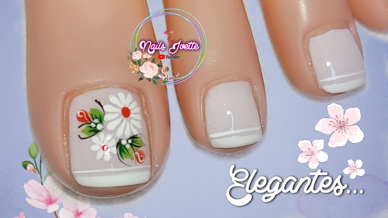 Diseño de uñas Pie margaritas y rosas / Uñas decoradas sencillas y elegantes con french / Nail Art