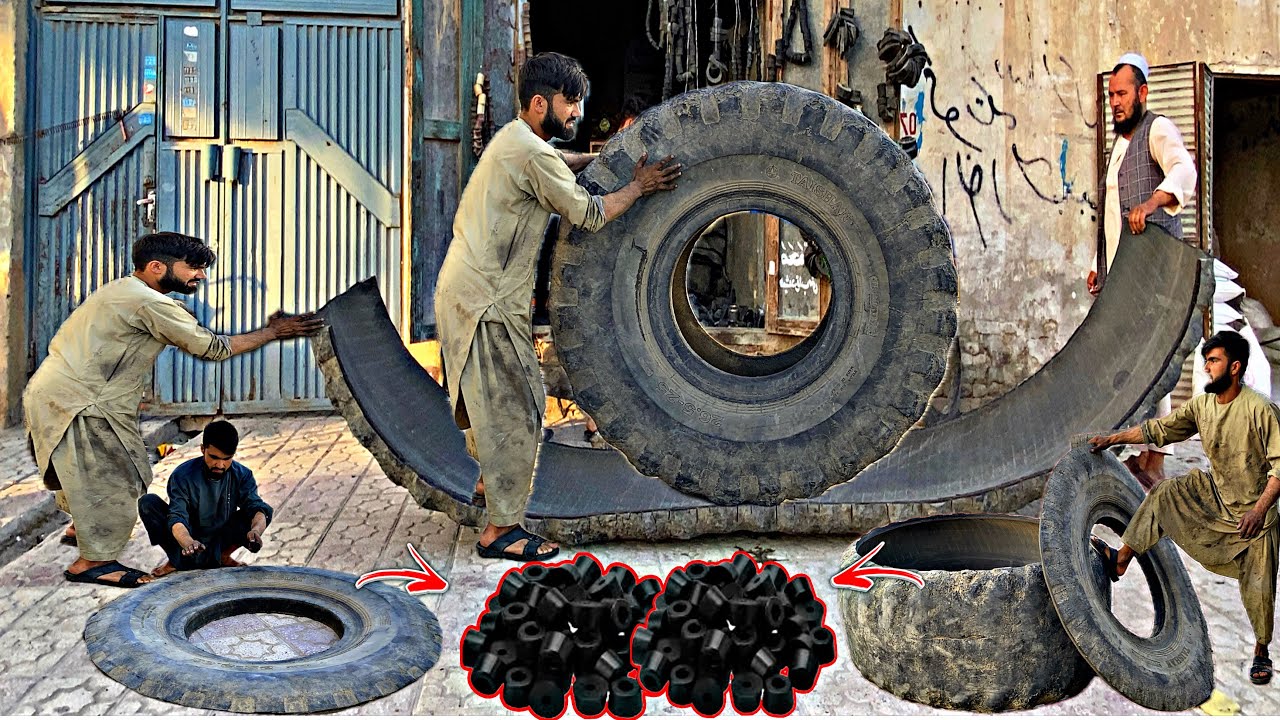Heavy Machinery old and scrap Tyre Cut in pieces and Make Rubber Bush For Small Vehicles ||