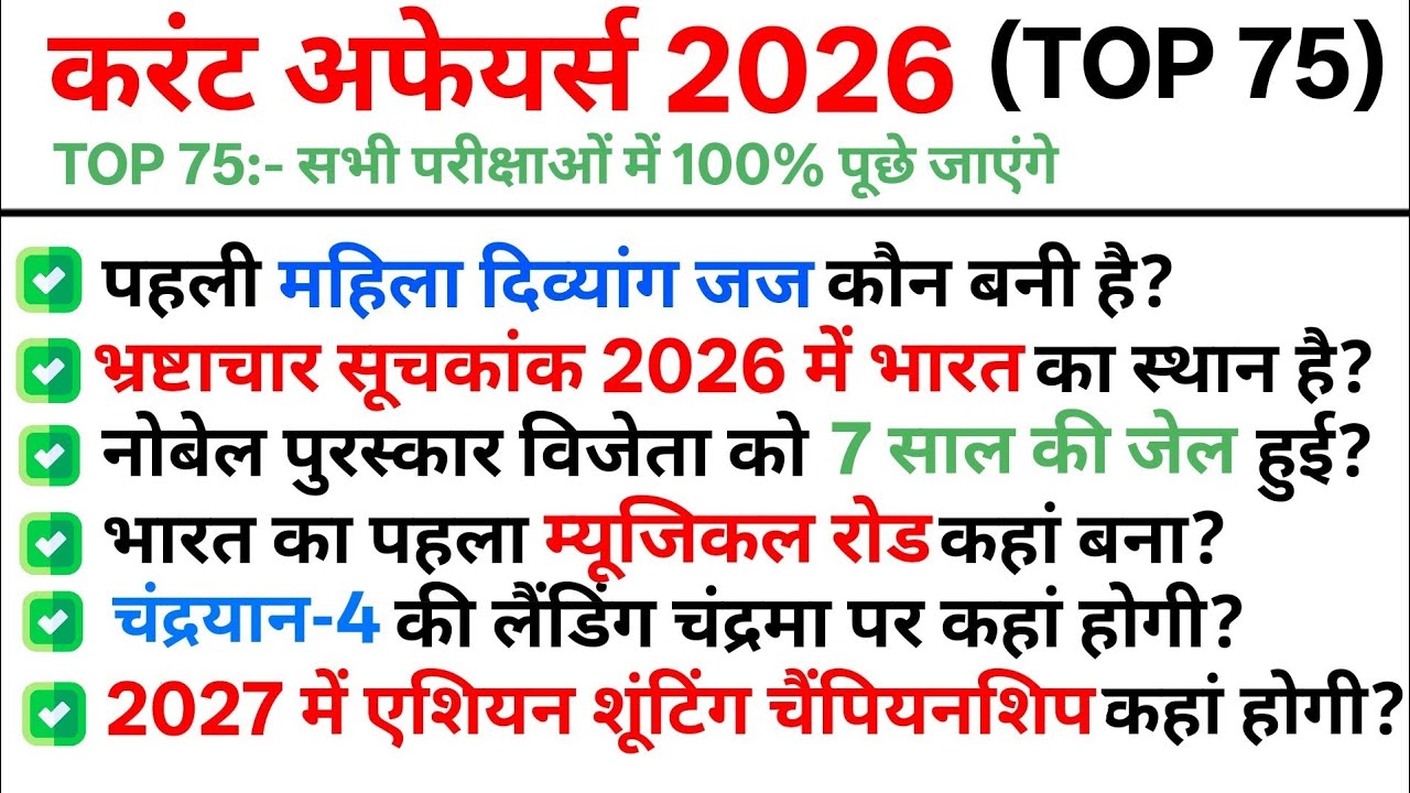 TOP 75: Current Affairs 2026 || February 2nd Week Current Affairs 2026 || करंट अफेयर्स 2026