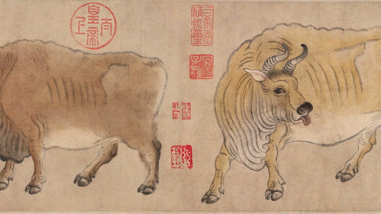 国画精赏：唐 韩滉 五牛图   中国十大传世名画，唐代画牛的高峰高清版