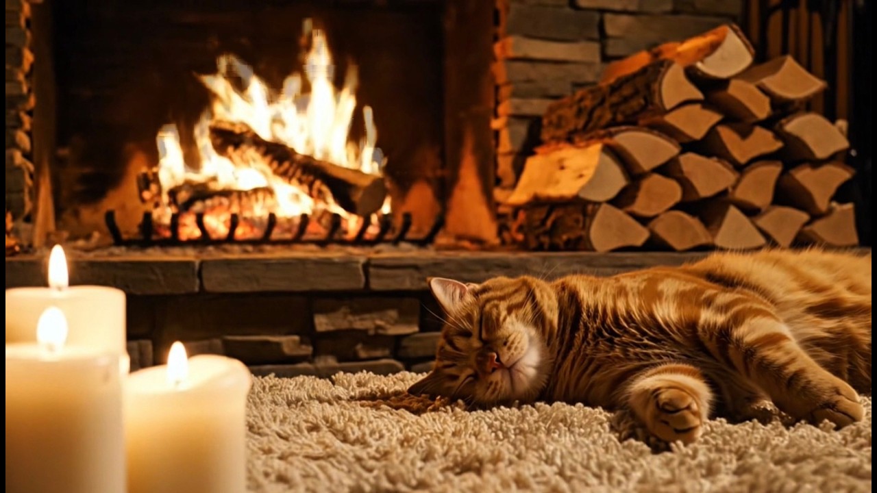 Sleeping Cat by Fireplace 24/7 | 🔥Crackling Fire Sounds