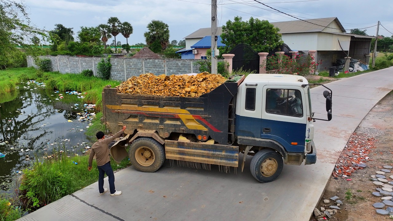 Amazing Start New Project Land Filling !!! Team Dump Truck 5Ton Unloading & Bulldozer Skillful push