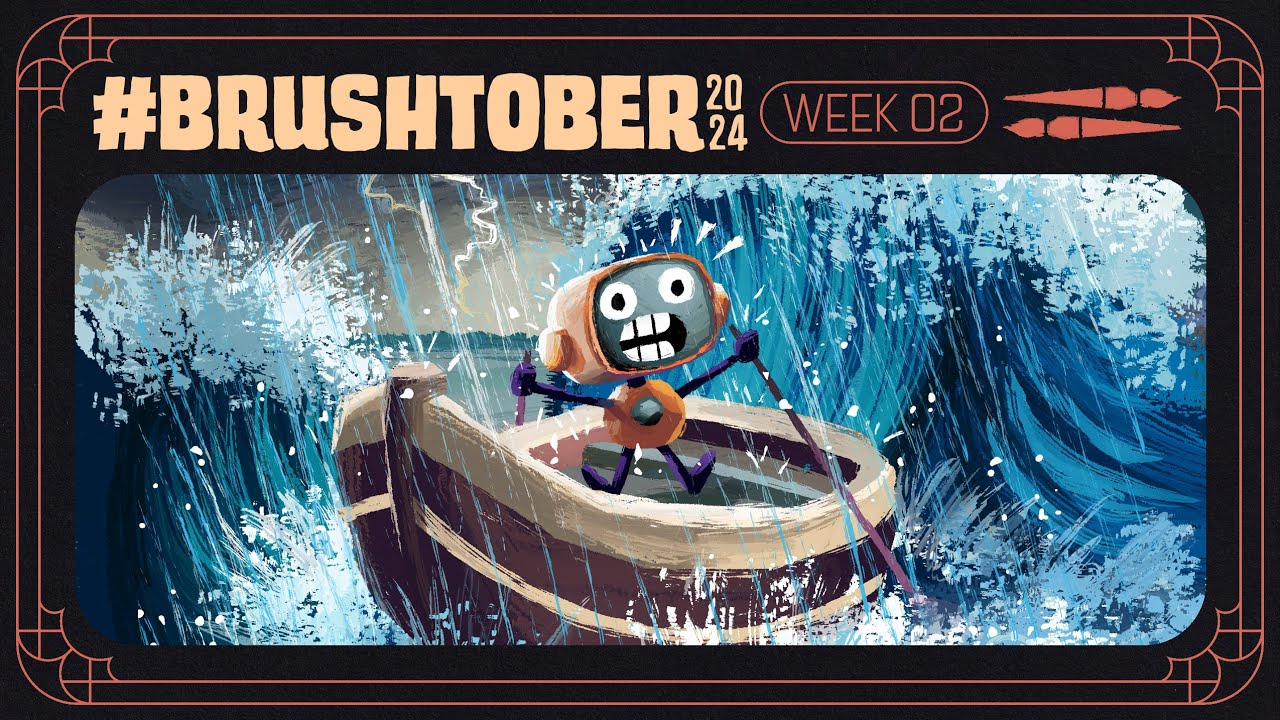Painting a Walking Fire, a Rockstar Pig and a Robot in a Stormy Ocean | BRUSHTOBER 2024: Week 02