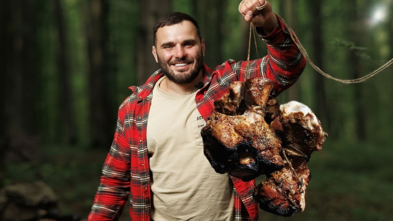 Amazing Beef Shanks Over Open Fire. ASMR. Outdoors