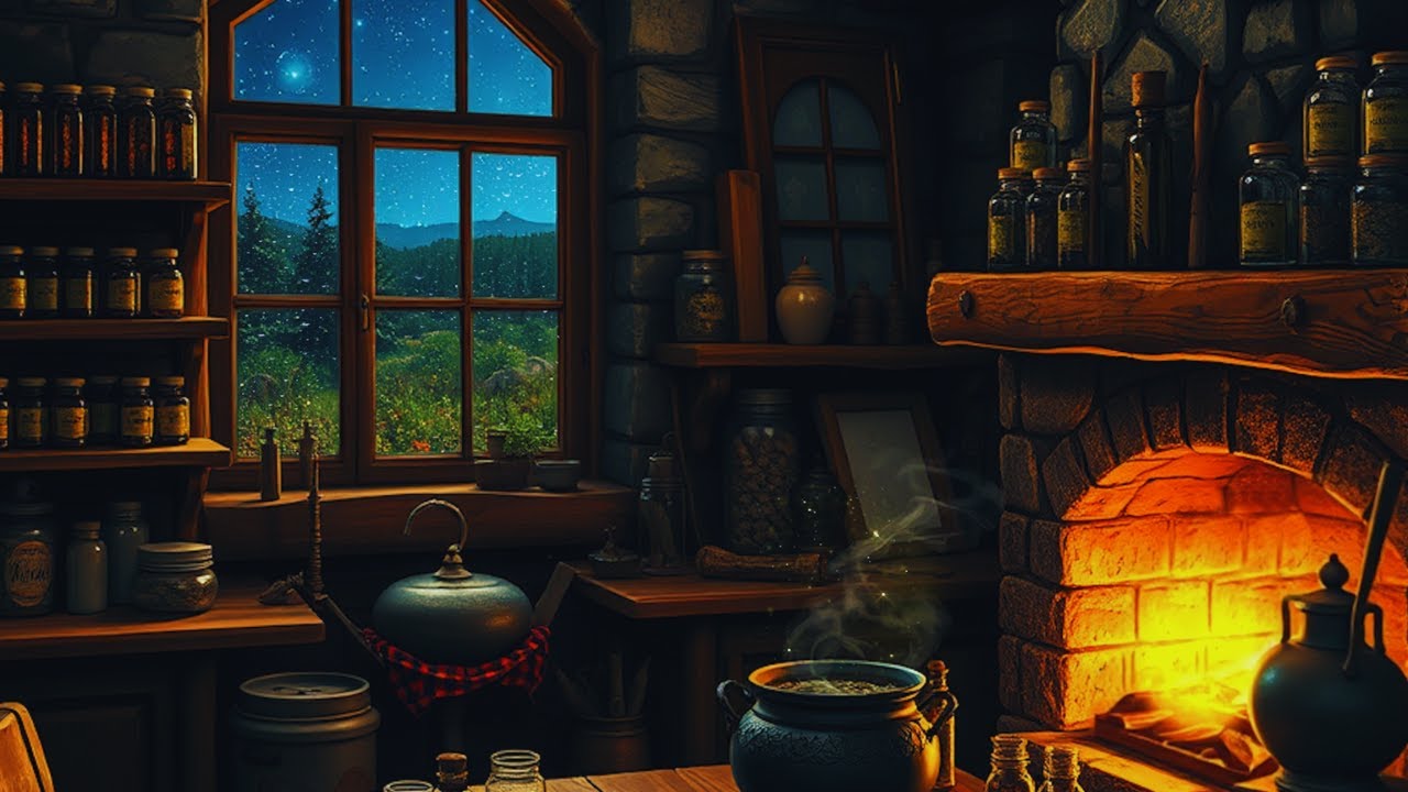 Witch ASMR Ambience. Green Witch Kitchen. Brewing potion in forest.
