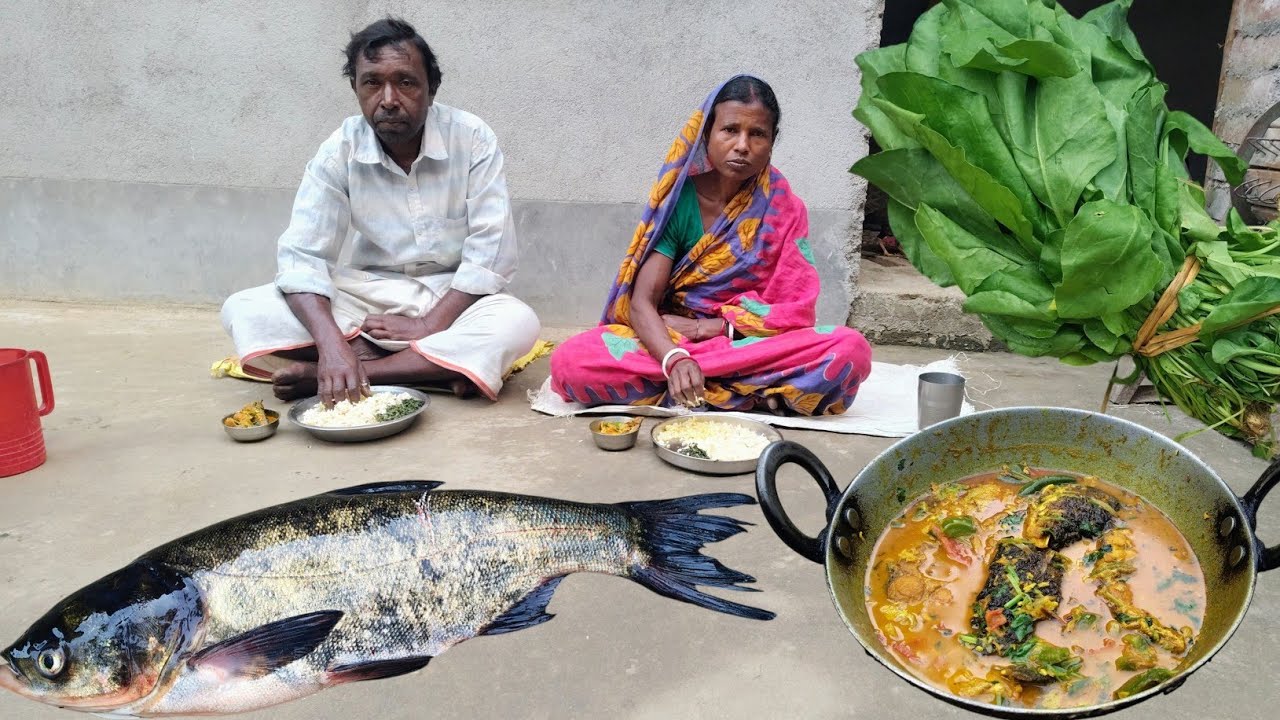 silver carp fish curry cooking and stir-frying radish leaves with spinach|tribal couple cooking 