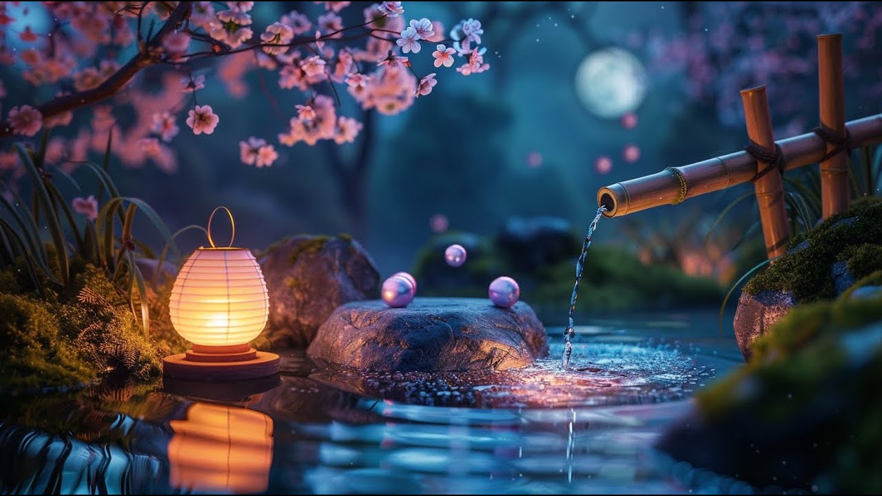 Relaxing Sleep Music – Japanese Garden Water Sounds & Full Moon Ambience