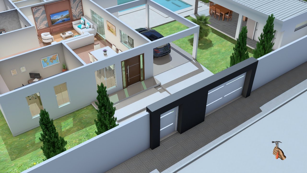Planta de Casa  3D com três Quartos, Escritório e Cozinha Americana