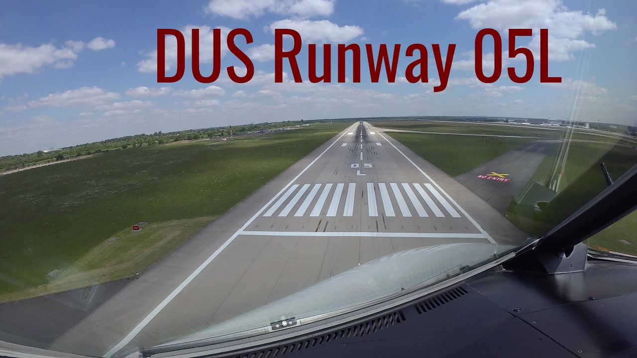 Dusseldorf airport, Germany: Approach and landing on runway 05L. DUS/EDDL. Airbus cockpit view. 4k.