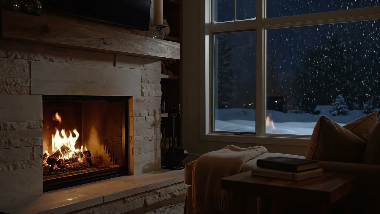 Cosy Fireplace on a Snowy Night | 10 Hours of Warm Interior Ambience