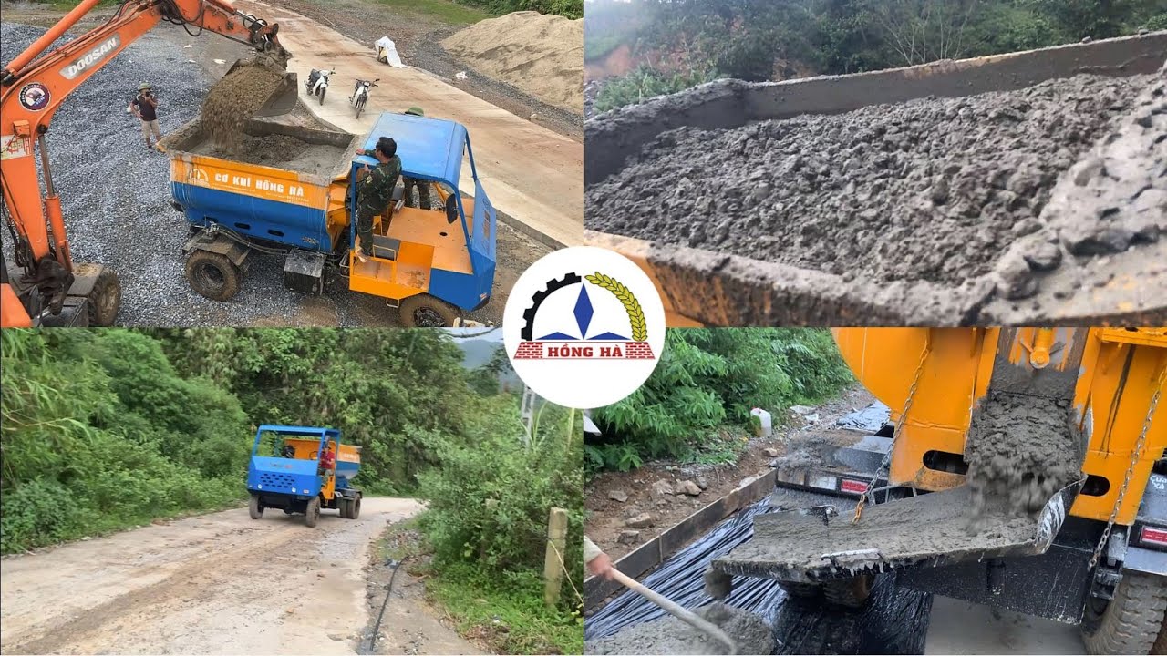 Xe trộn bê tông bồn ngang Hồng Hà thi công đường tuần tra biên giới tại Mường Khương - Lào Cai