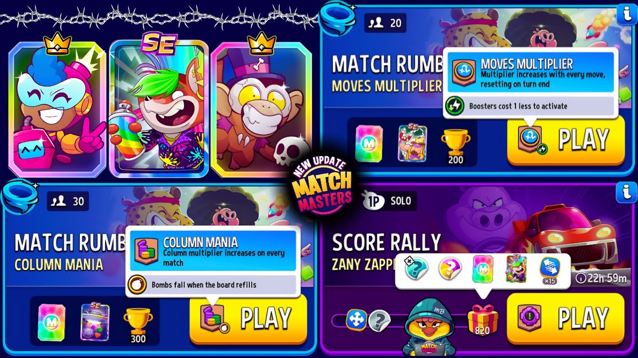 Zany Zappers Solo Score Rally 820p/ 30 player Rumble Column Mania/ 20 player Rumble Moves Multiplier