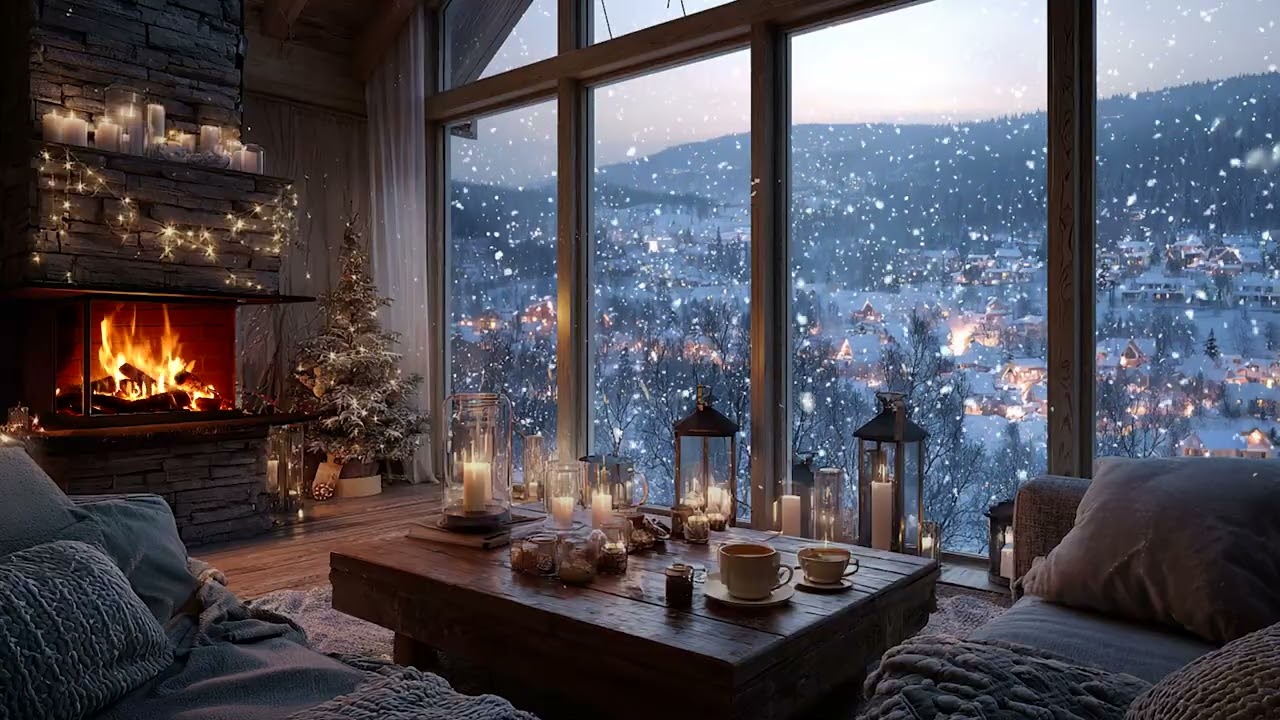 Cozy Winter Cabin Piano Sounds | Fireplace Warmth and Gentle Snowfall at Night