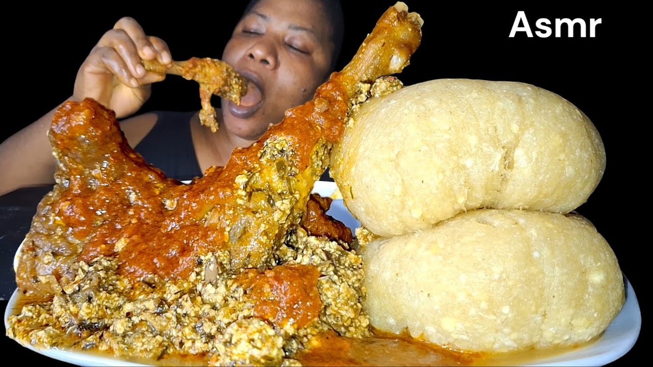 African food mukbang/ egusi soup with fufu with chicken stew ( ASMR eating Sound)