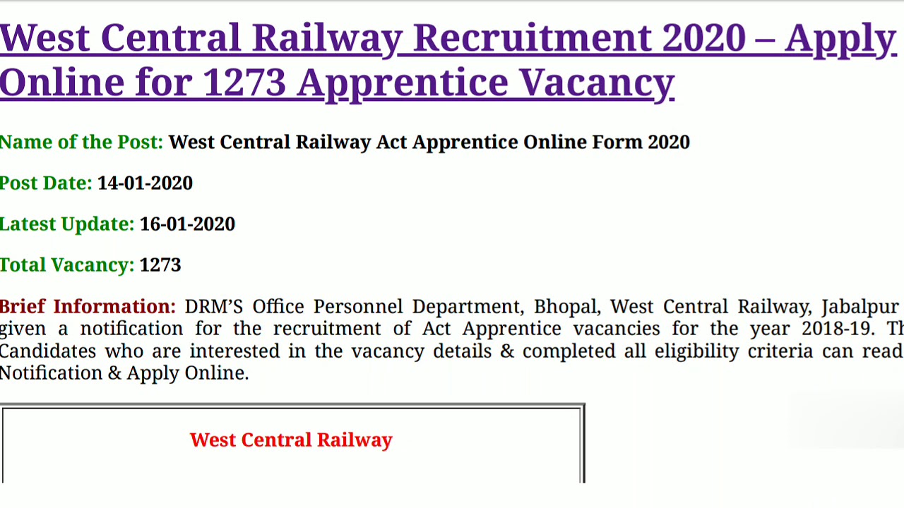 West Central railway recruitment 2020!! Apply online form vacancies details