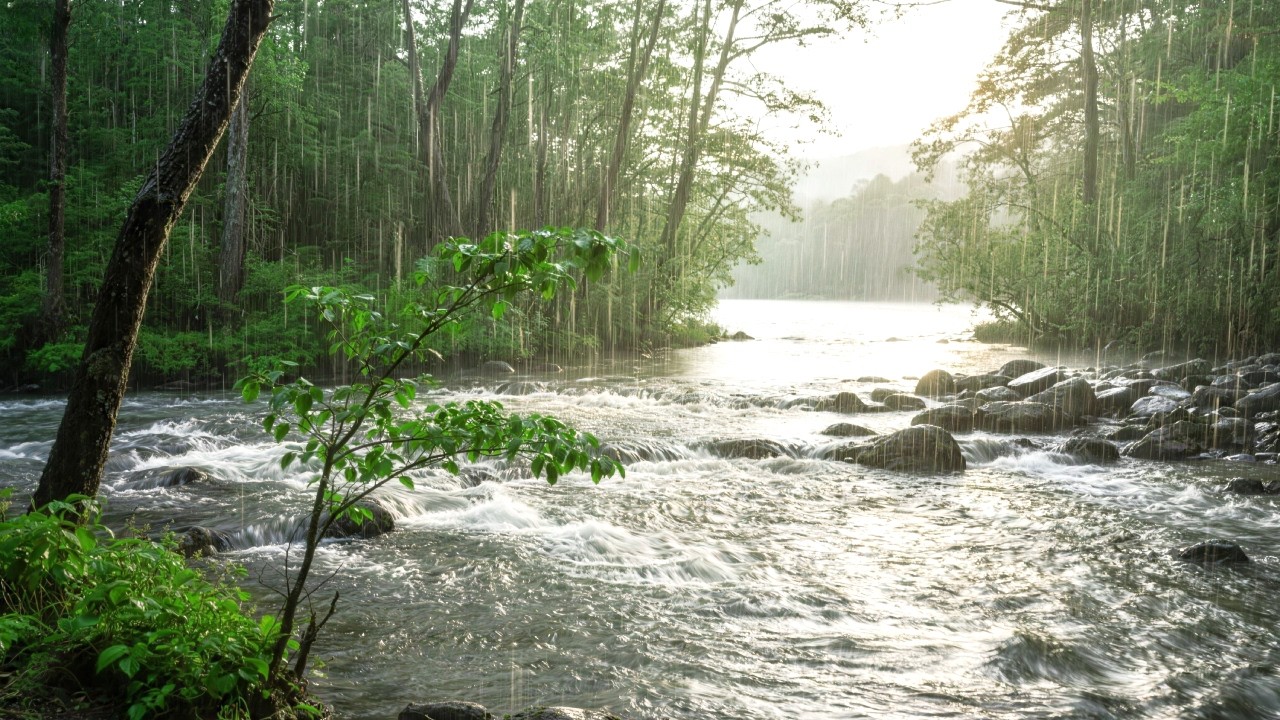 Calm Rainfall Beside a Quiet Forest River &ndash; Perfect Natural Ambience for Deep Sleep