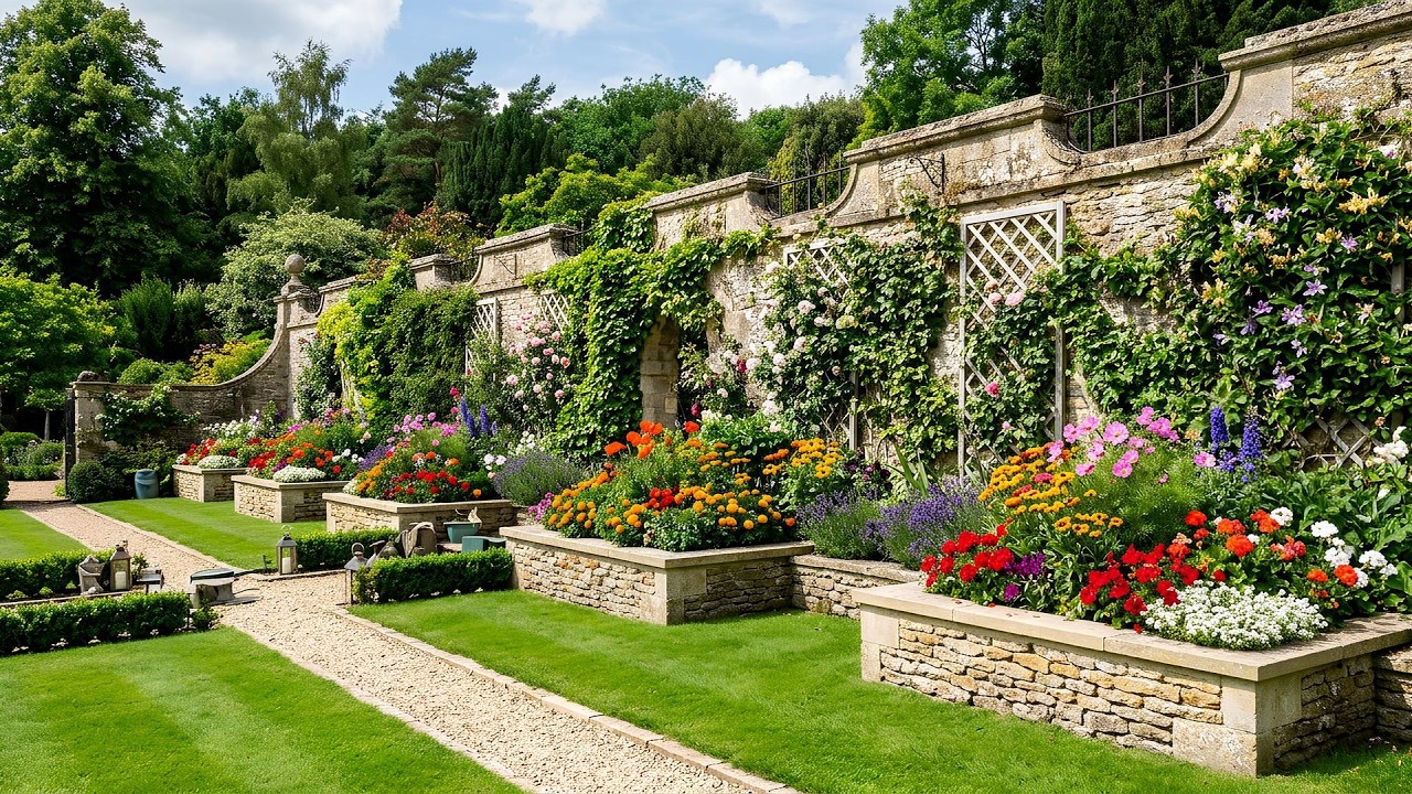Sunlit Walled Garden With Stone Raised Flower Beds And Colorful Summer Flowers