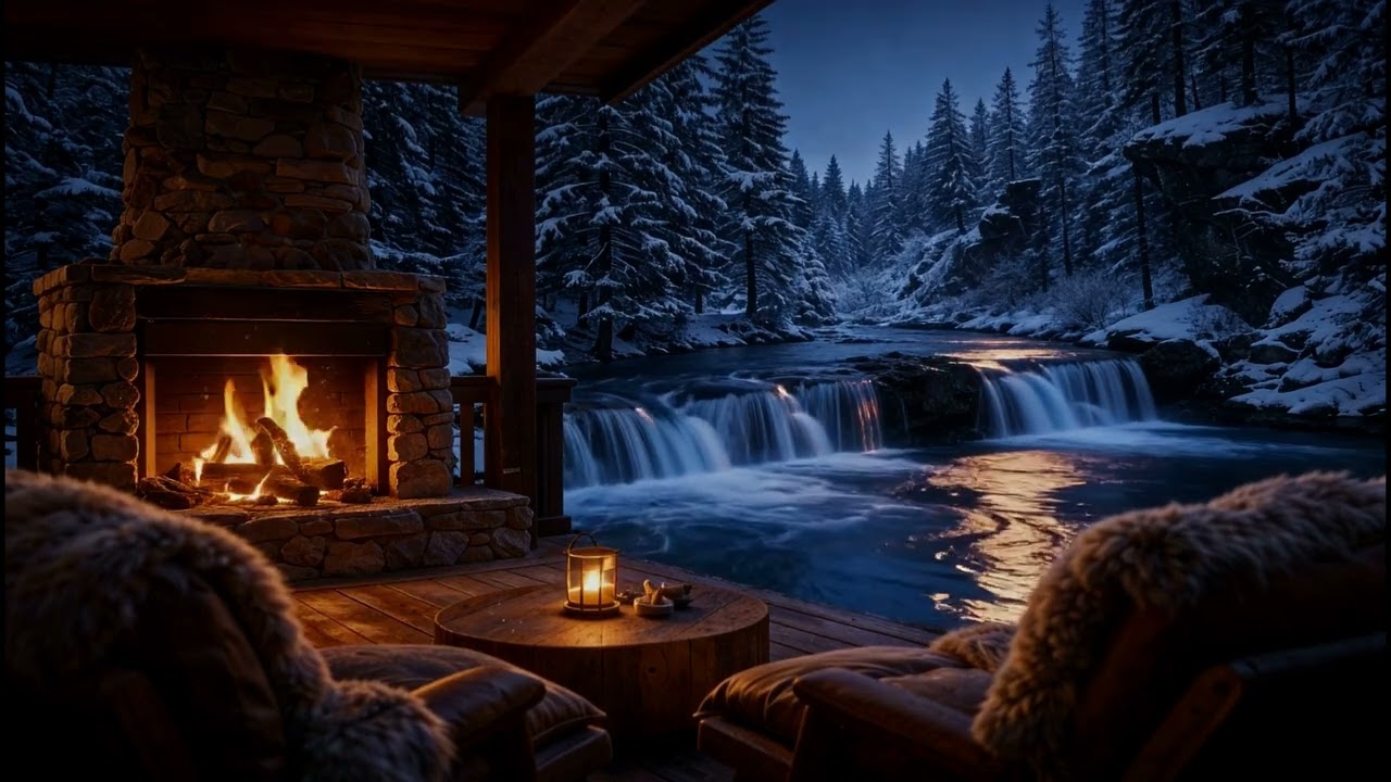 Crackling Fireplace and River Sounds | Cozy Cabin Night Ambience 4K