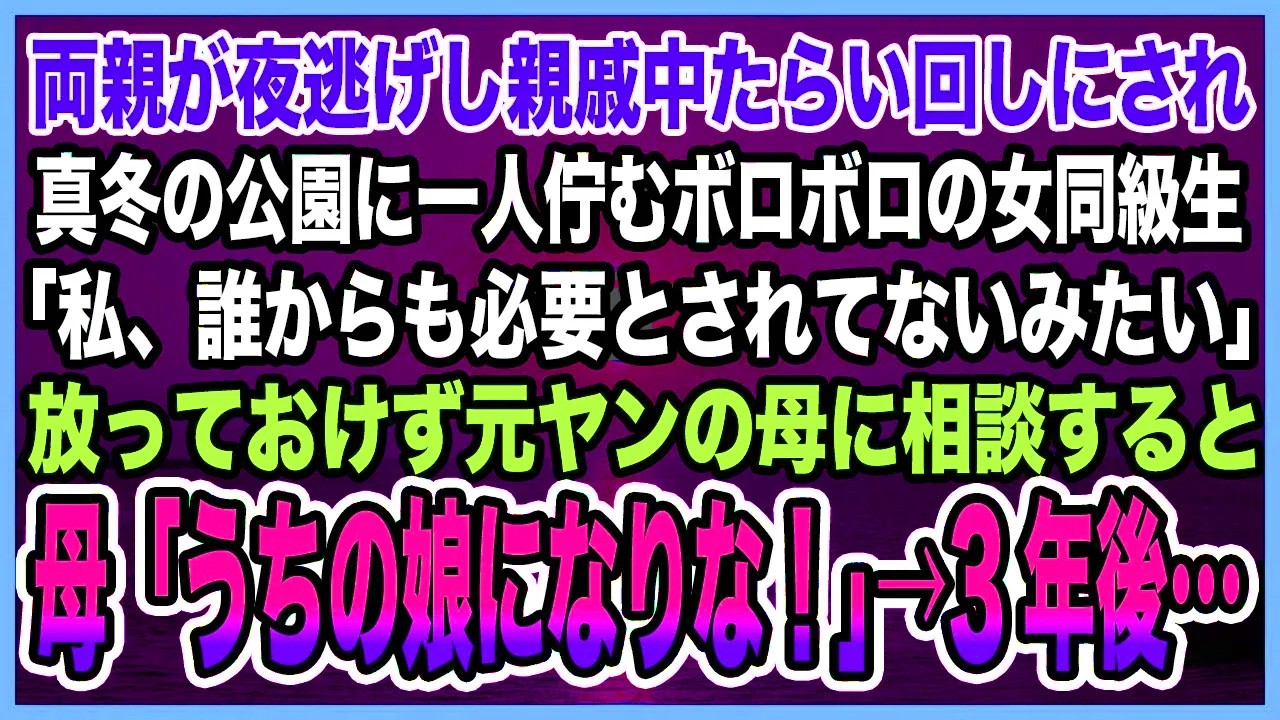 【感動する話】両親が夜逃げし親戚中たらい回しにされ真冬の公園に一人佇むボロボロの女同級生。「私、誰からも必要とされてないみたい」放っておけず元ヤン母に相談すると母「うちの娘になりな」【泣ける話・朗読】