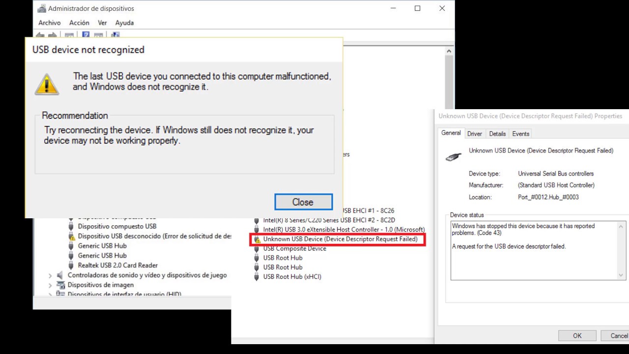 Dispositivo USB desconocido ( Error de solicitud de descriptor de dispositivo)  Error 43