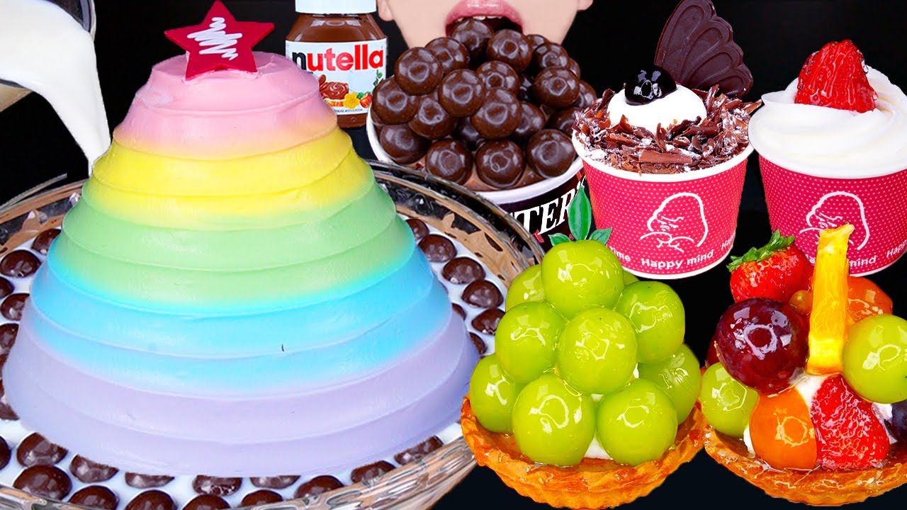 ASMR RAINBOW CAKE MALTESERS MAGNUM CHOCOLATE ICE CREAM NUTELLA DESSERT MUKBANG 먹방 咀嚼音 EATING SOUNDS