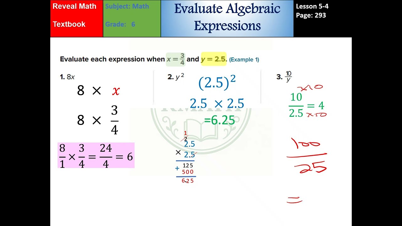 Grade 6 Lesson 5-4 Evaluate Algebraic Expressions