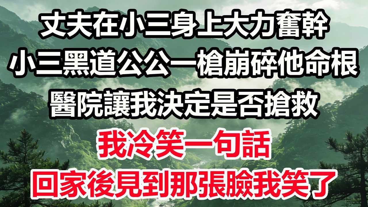 丈夫在小三身上大力奮幹，小三黑道公公一槍崩碎他命根。醫院讓我決定是否搶救，我冷笑一句話，回家後見到那張臉我笑了