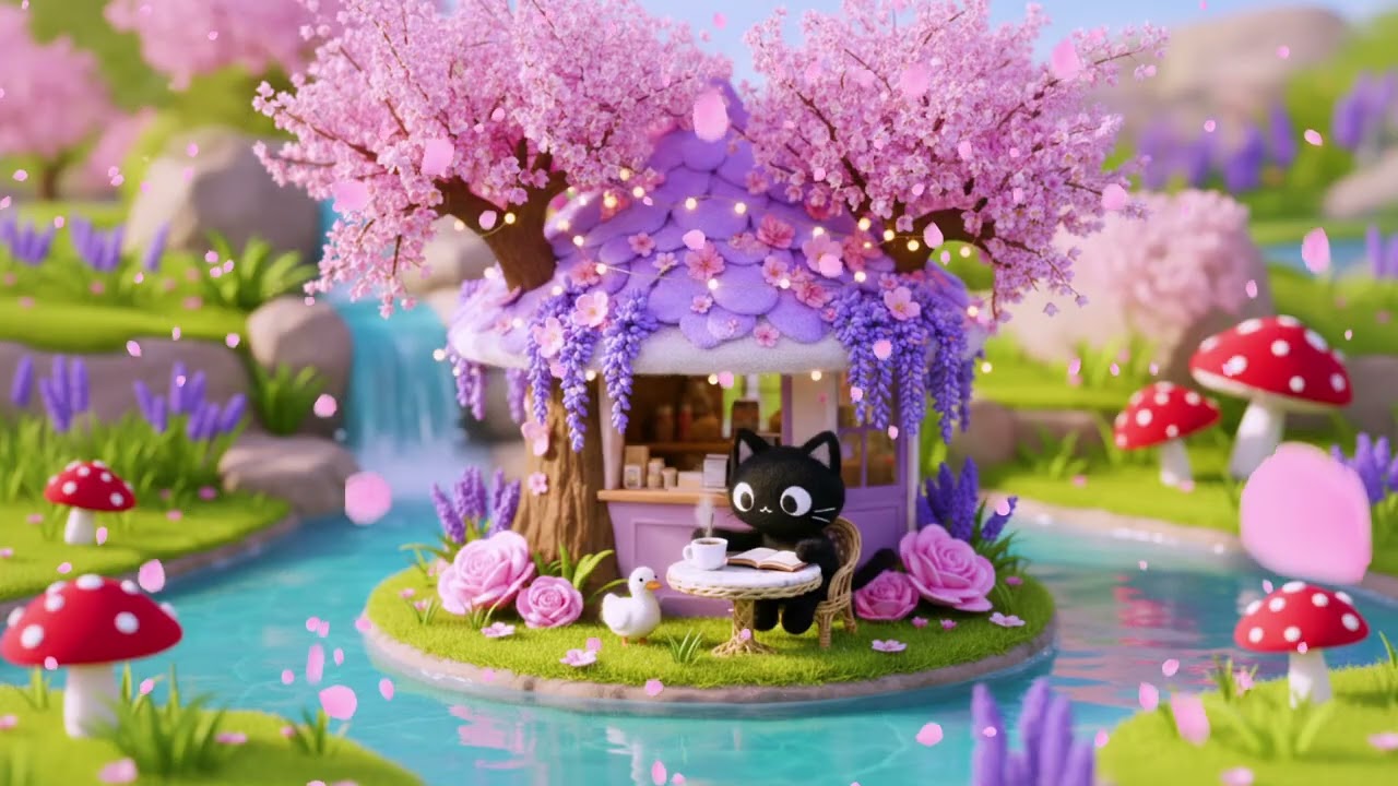 Magical Sakura Lake Lofi 🌸🌿 Cozy Cat Cottage by the Water | Chill Beats for Study, Relax & Dream