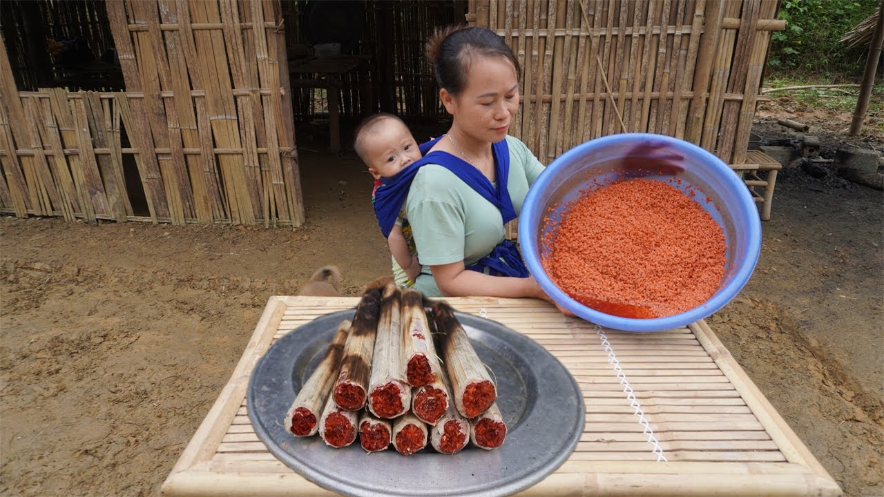 single mother Making Bamboo Rice and Selling it at the Market - single life