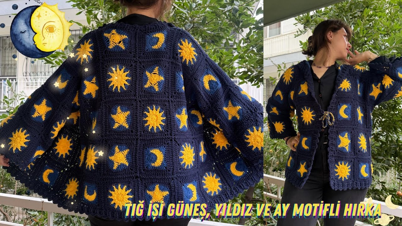 Космический Вязанный Кардиган 🌞🌟🌙 с мотивами Солнца, Звезды и Луны #crochet #cardigan