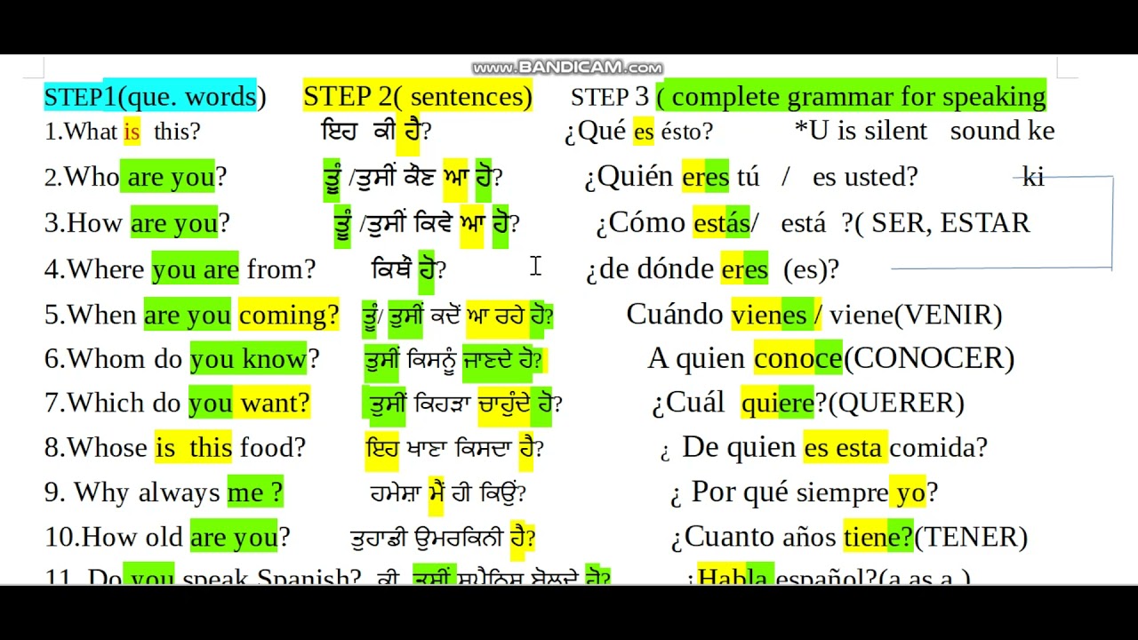 interrogatives(4 steps from level o to fluency) LEARN SPANISH WITH PUNJABI
