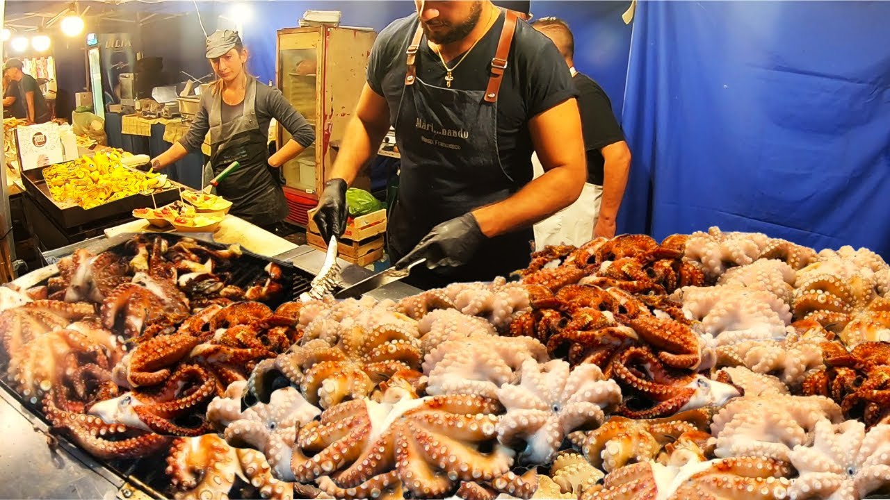 Street Food from Apulia, Italy. Grilled Octopus, 'Burrata' Cheese, 'Puccia'. Best of Puglia