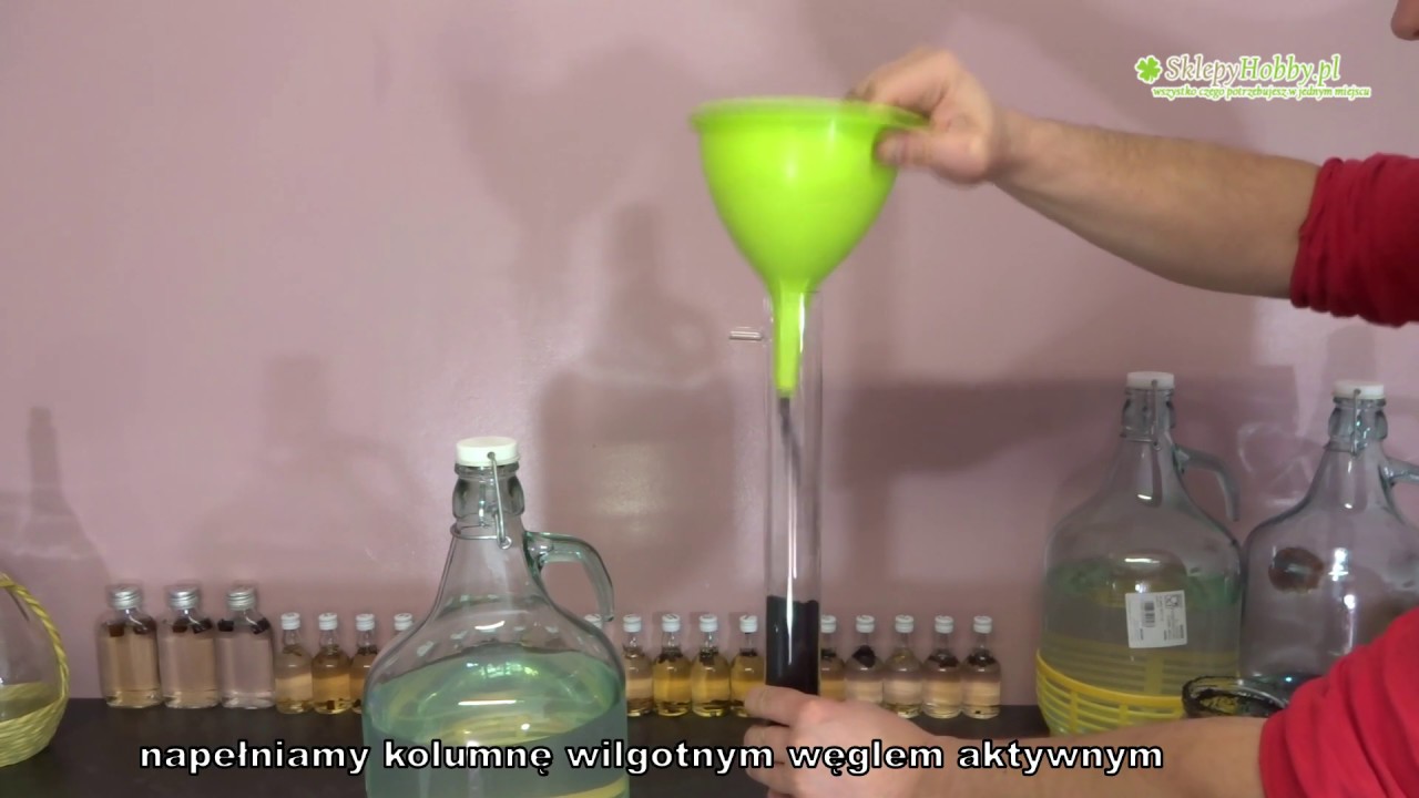 oczyszczanie alkoholu węglem aktywnym   kolumna filtracyjna stojąca szklana
