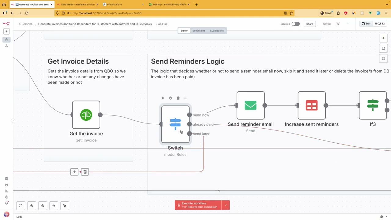 Generate Invoices, Smart Reminders and Send AI-Summarized Reminders with N8N, Jotform and QuickBooks