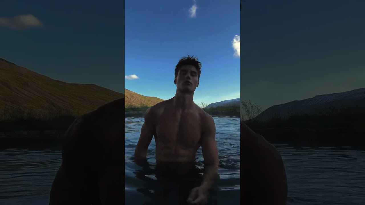 Model Moritz Hau shirtless in a lake in Iceland - instagram story August 29, 2024