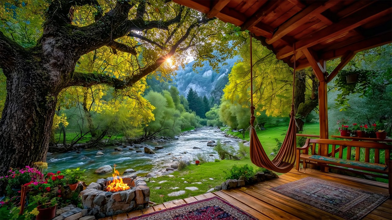 A Spring Morning on the Cabin Porch 🌸 Birds Singing, River Flowing & Firepit Ambience