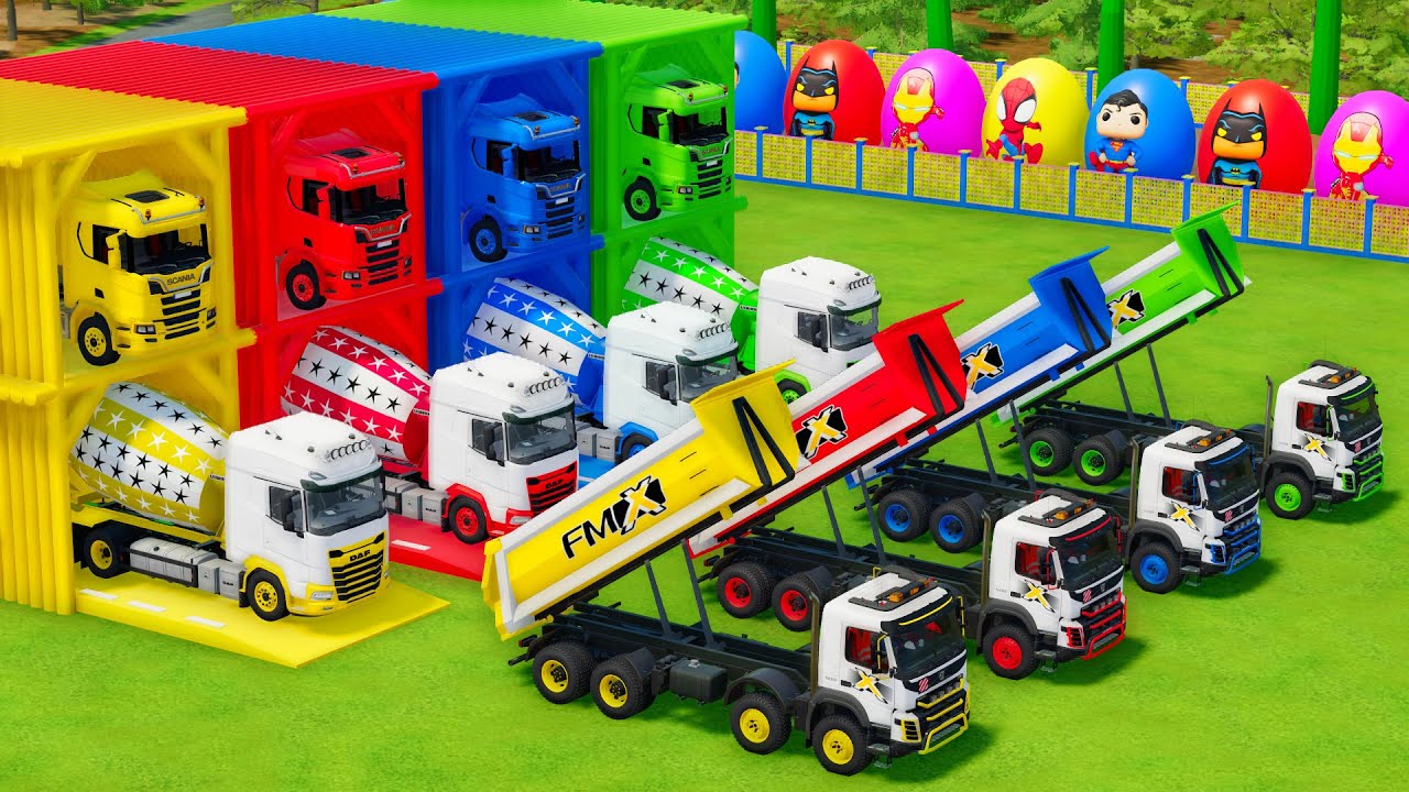 Garage with Colors - ALL MIXER TRUCK WITH DOUBLE FLATBED TRAILER TRUCK, VOLVO, DAF, SCANIA - FS22