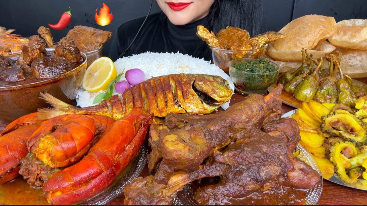 ASMR EATING SPICY MUTTON CURRY,LIVER CURRY,CHICKEN Curry,PURI,LIVER CURRY,VEG FRIES,PRAWNS LARGE 