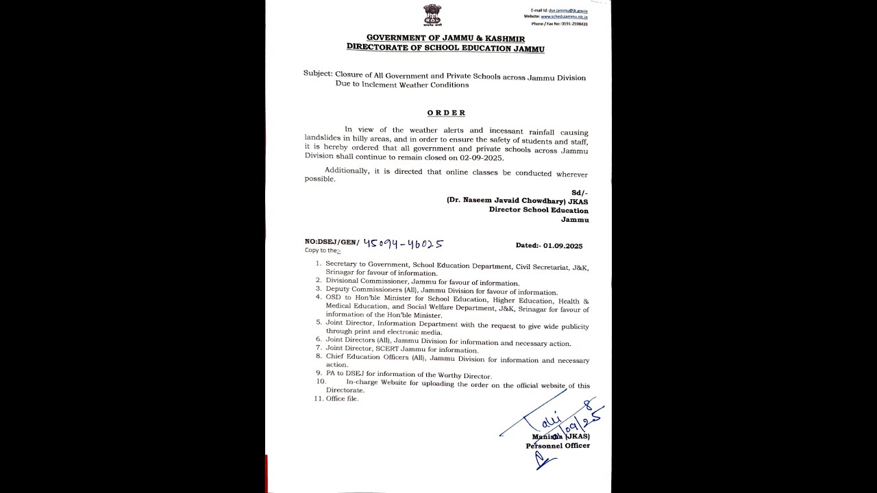 All Schools in Jammu Division to Remain Closed Tomorrow